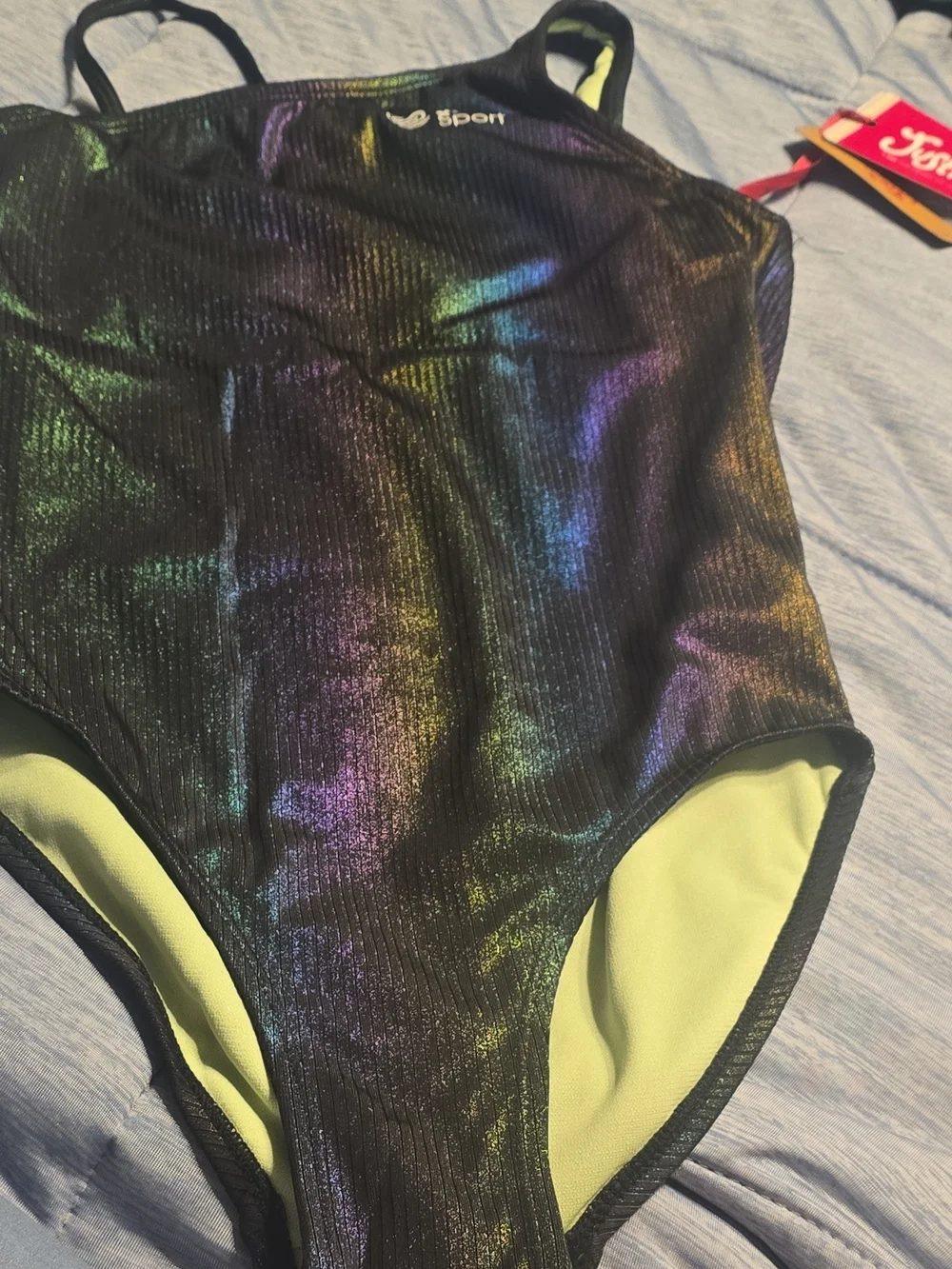 Justice Girls One-Piece Swimsuit in Iridescent Black with Lime Green Lining